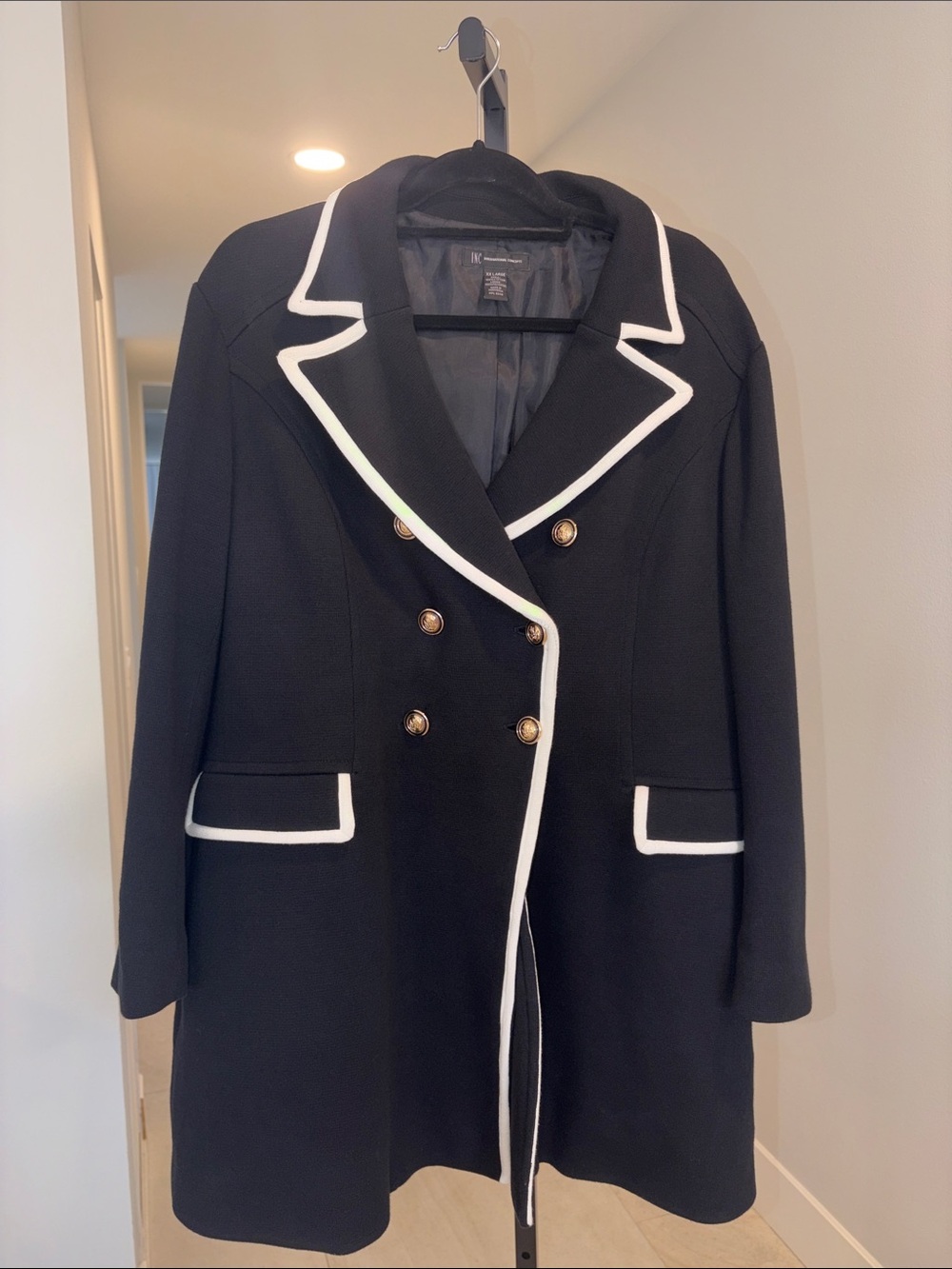 Inc Black Double-Breasted Coat with White Trim